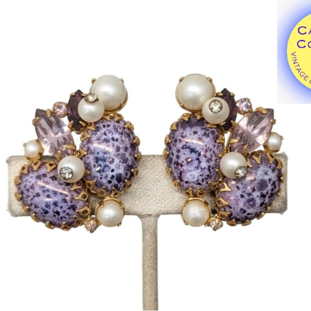 Vintage Signed Rifas Cabochon Purple Rhinestone & Faux-Pearl Clip Earrings